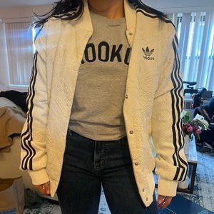 Adidas Track Bomber Jacket White Lace Black Stripes Size Small Oversized